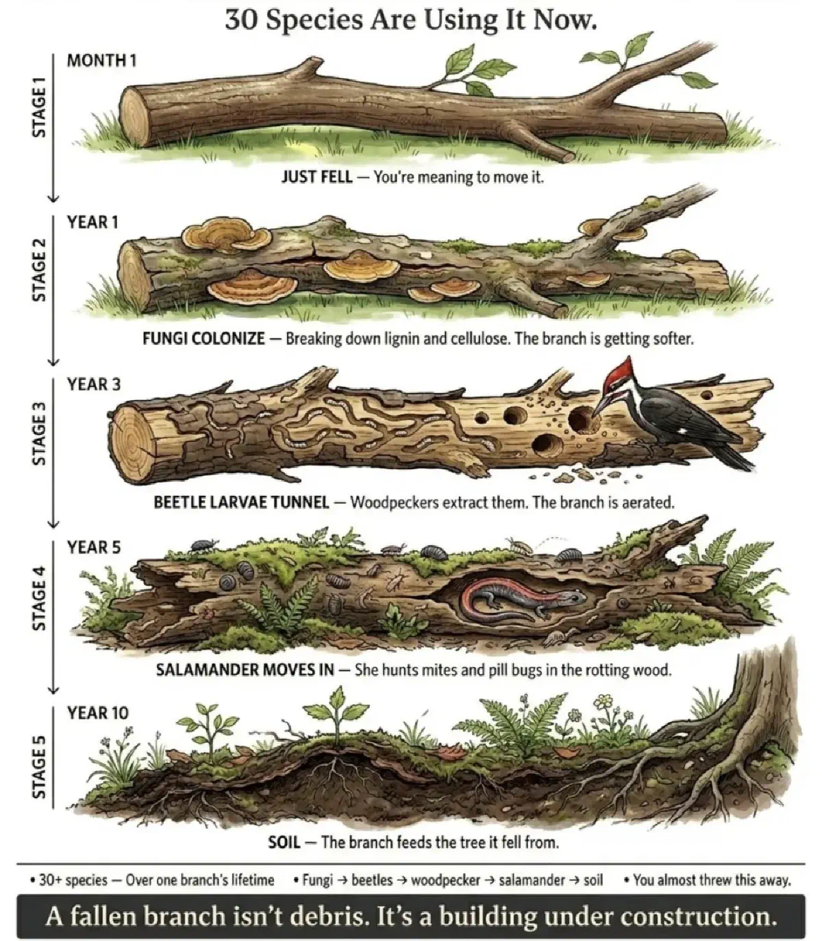 Dood hout biedt hier 30 soorten om te leven. Bron: Guardians of Nature.